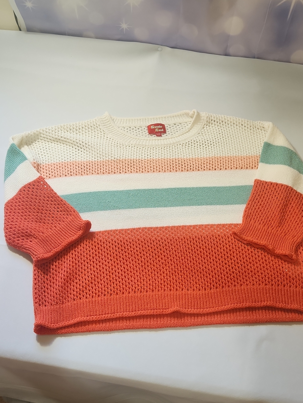 🐦 Striped Loose Knit, Lightweight Crewneck Sweater in Coral, Cream & Mint